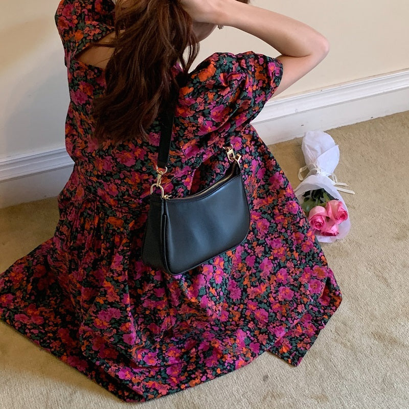 Square Collar Off-shoulder Lace-up Waist Puff Sleeve Floral Dress