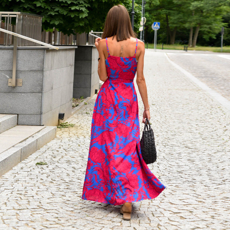 V-neck Slit Floral Print Slip Dress