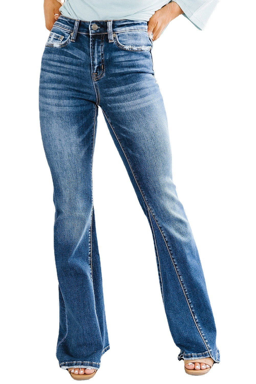 Washed High Waist Jeans Paneled Women's Flare
