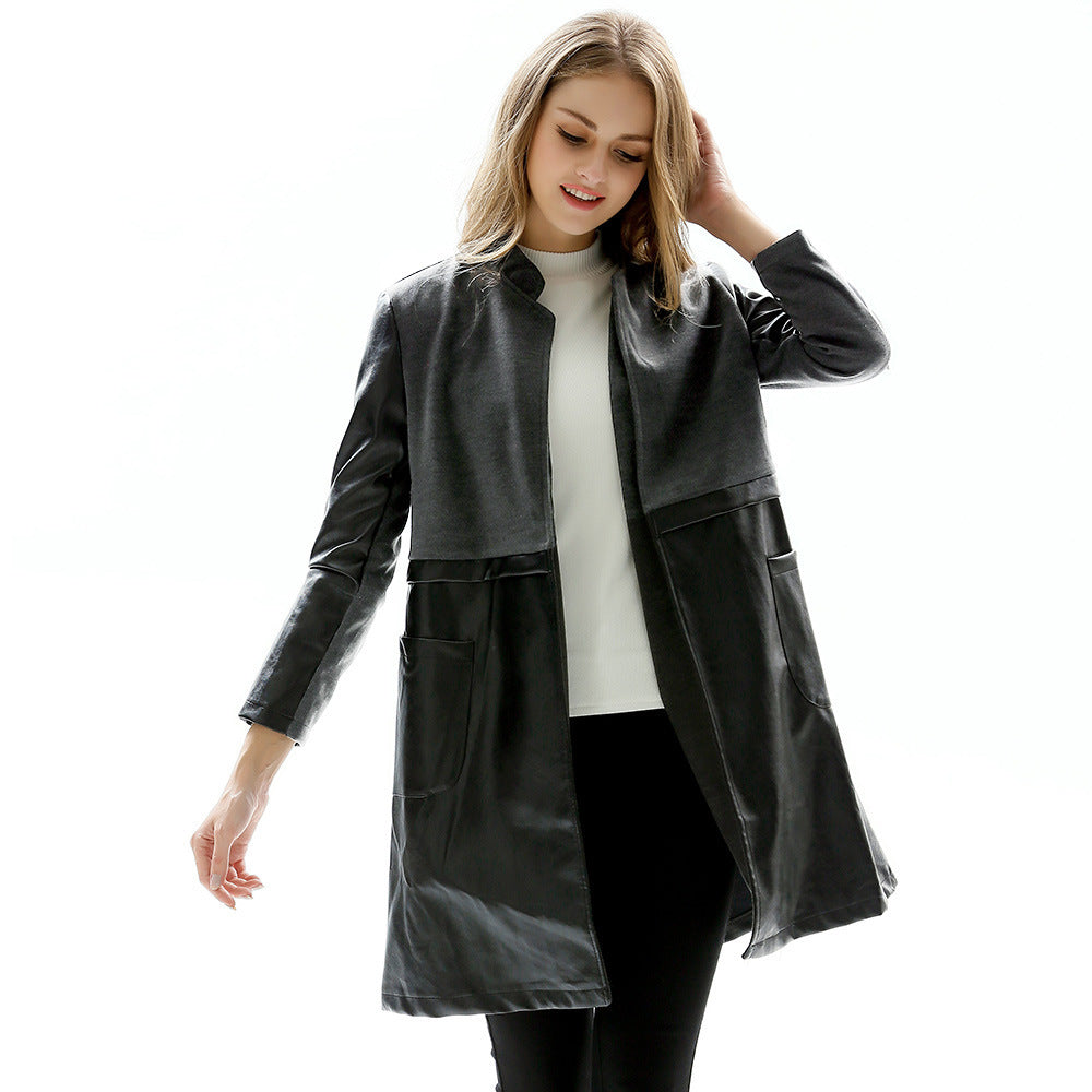Long Stand Collar Slim Leather Women's Jacket