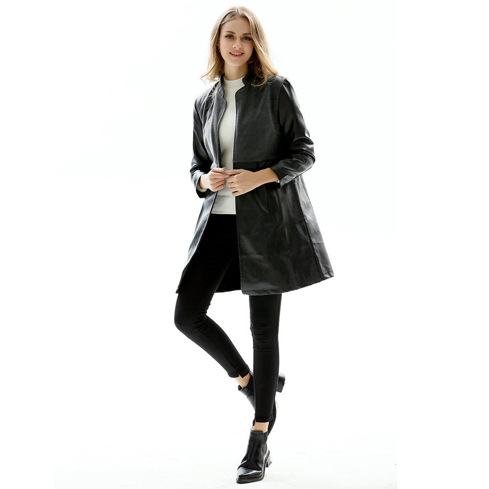 Long Stand Collar Slim Leather Women's Jacket