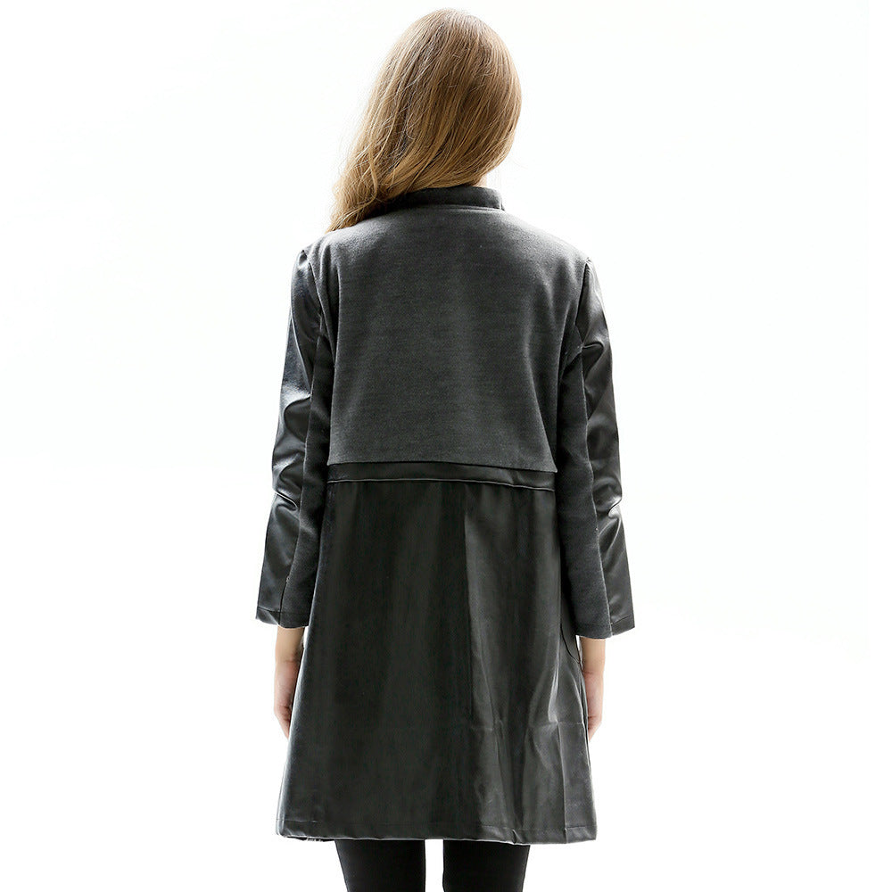 Long Stand Collar Slim Leather Women's Jacket