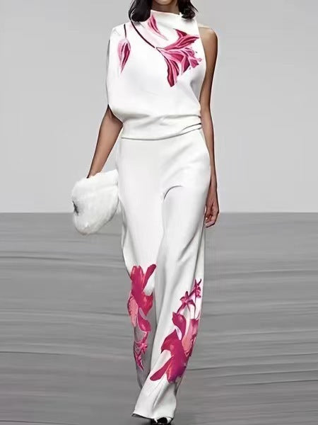 Women's New Temperament Commute Sleeveless Printed Turtleneck Fashion Suit
