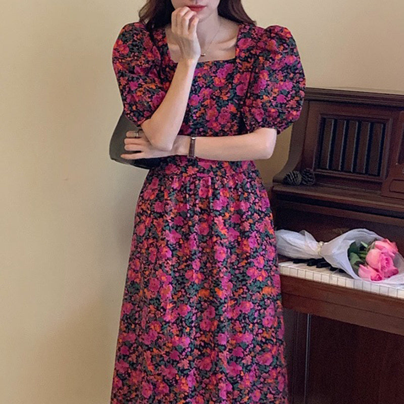 Square Collar Off-shoulder Lace-up Waist Puff Sleeve Floral Dress