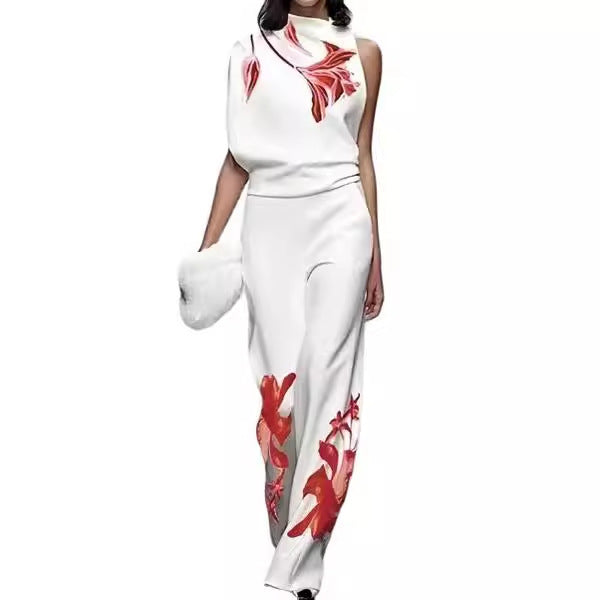 Women's New Temperament Commute Sleeveless Printed Turtleneck Fashion Suit