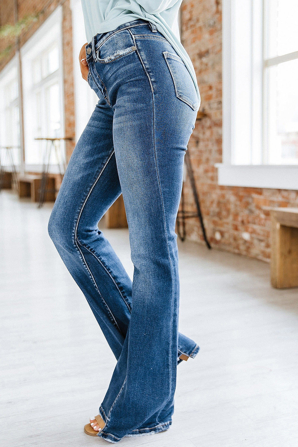 Washed High Waist Jeans Paneled Women's Flare