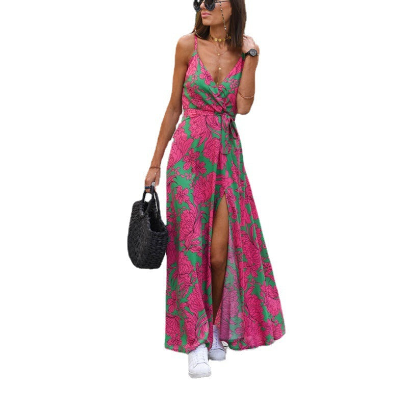V-neck Slit Floral Print Slip Dress