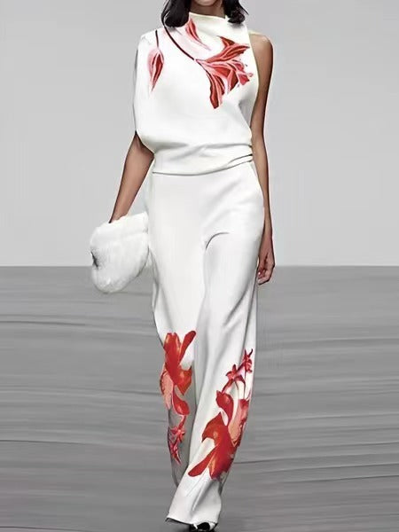 Women's New Temperament Commute Sleeveless Printed Turtleneck Fashion Suit