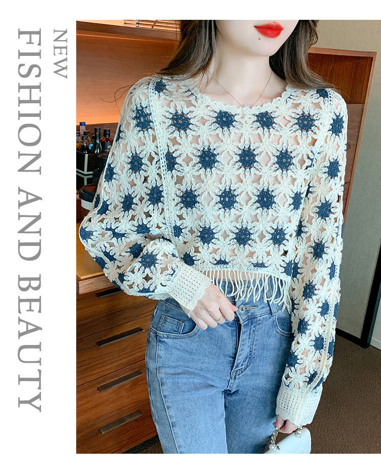 Fashion Korean Style Sweet Geometric Pattern Long Sleeve Round Neck Pullover Slimming Youthful-looking Lace Shirt