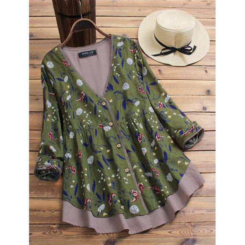 Cotton And Linen Casual And Comfortable Plus Size Women's Coat Loose False Two Pieces V-neck Floral Shirt