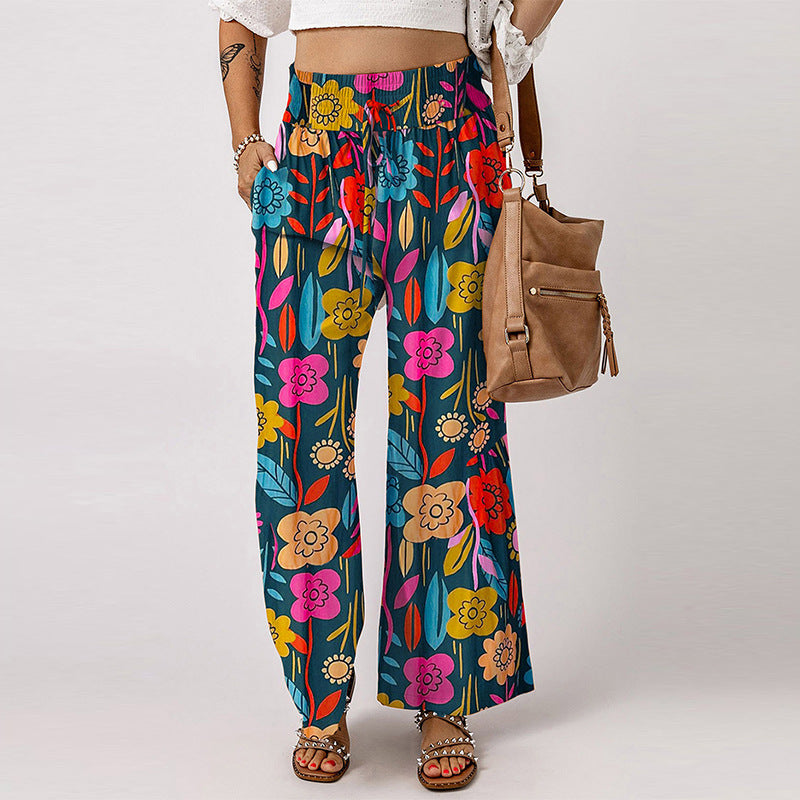 Women's Casual Loose Elastic Floral Print High Waist Wide Leg Pants