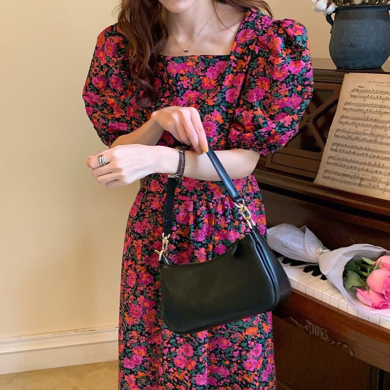 Square Collar Off-shoulder Lace-up Waist Puff Sleeve Floral Dress