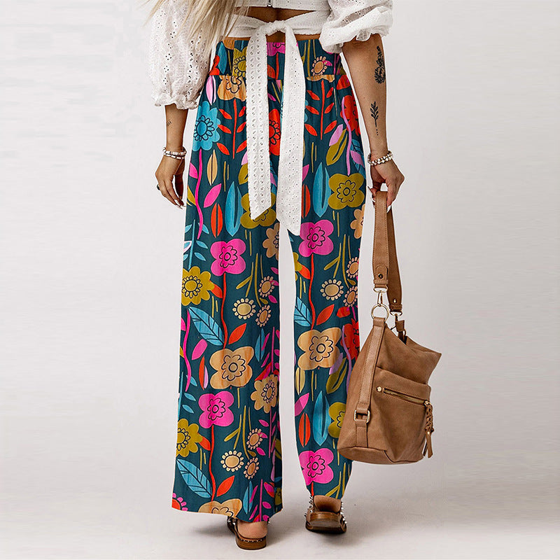 Women's Casual Loose Elastic Floral Print High Waist Wide Leg Pants