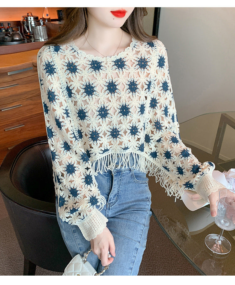 Fashion Korean Style Sweet Geometric Pattern Long Sleeve Round Neck Pullover Slimming Youthful-looking Lace Shirt