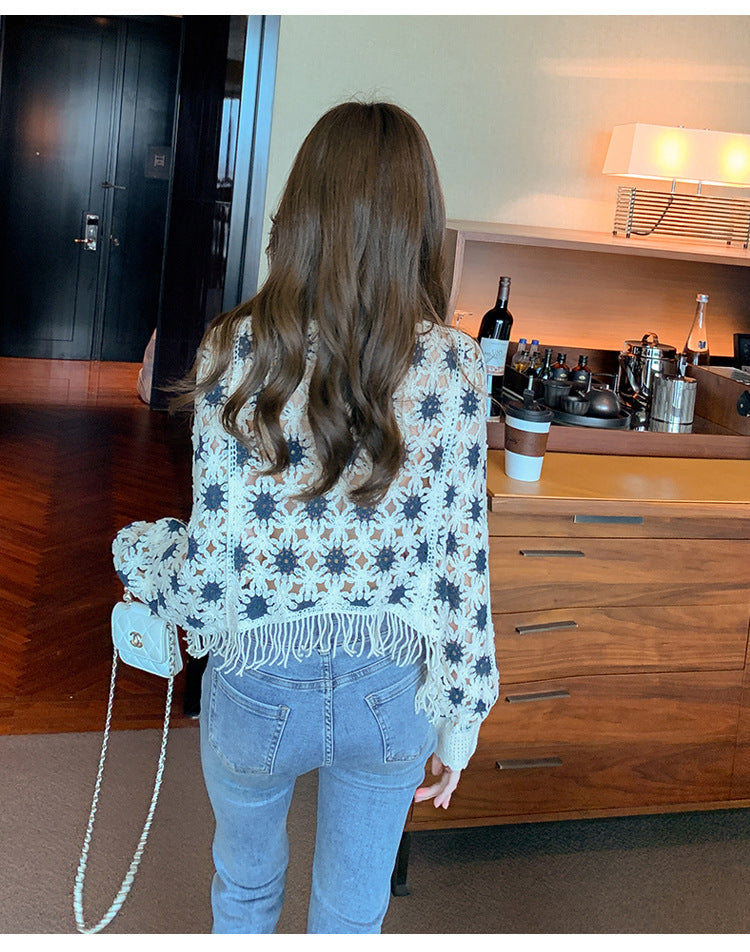 Fashion Korean Style Sweet Geometric Pattern Long Sleeve Round Neck Pullover Slimming Youthful-looking Lace Shirt
