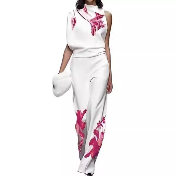 Women's New Temperament Commute Sleeveless Printed Turtleneck Fashion Suit