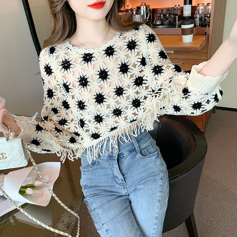 Fashion Korean Style Sweet Geometric Pattern Long Sleeve Round Neck Pullover Slimming Youthful-looking Lace Shirt