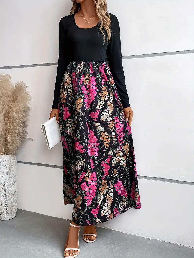Women's Fashion Flower Multicolor Printing Long Sleeve Dress