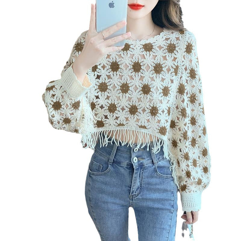 Fashion Korean Style Sweet Geometric Pattern Long Sleeve Round Neck Pullover Slimming Youthful-looking Lace Shirt