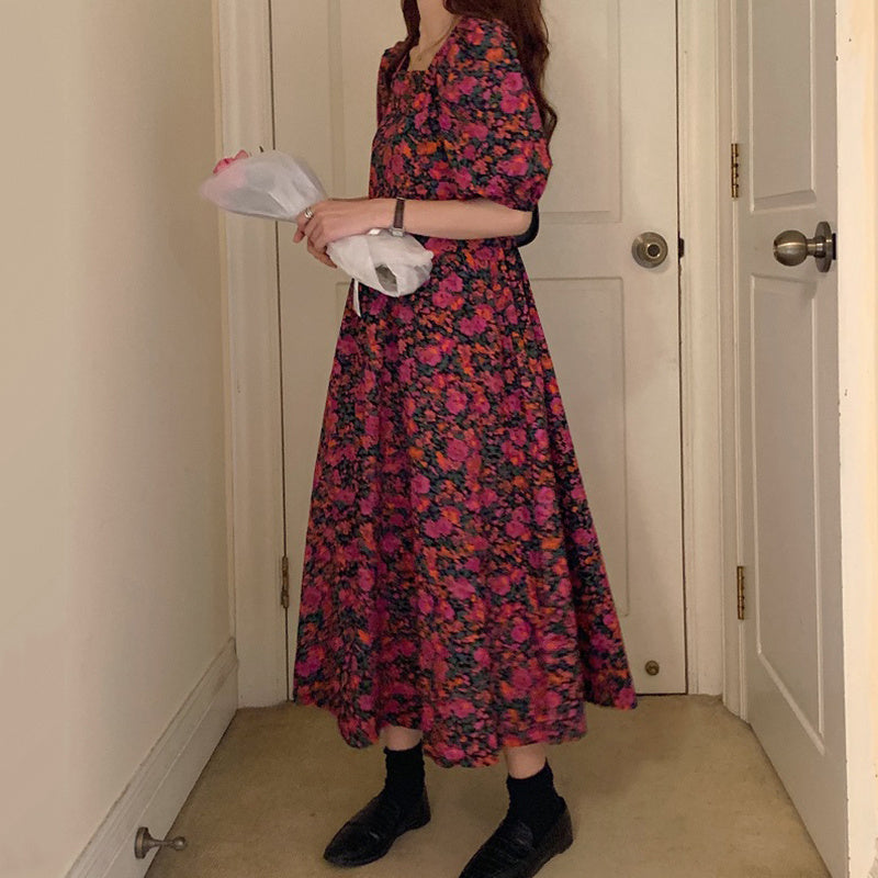 Square Collar Off-shoulder Lace-up Waist Puff Sleeve Floral Dress