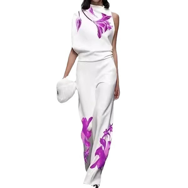Women's New Temperament Commute Sleeveless Printed Turtleneck Fashion Suit