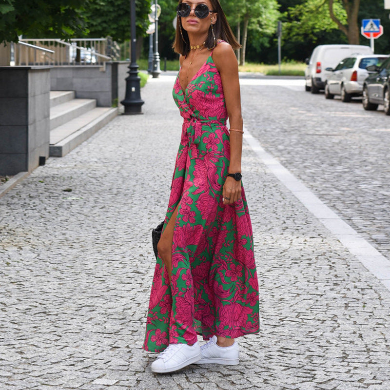 V-neck Slit Floral Print Slip Dress