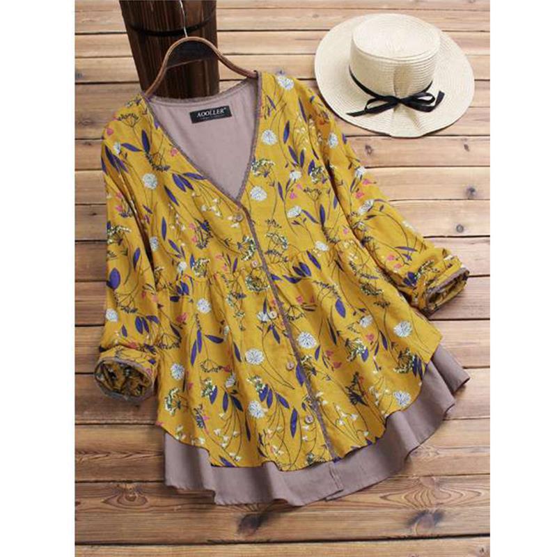 Cotton And Linen Casual And Comfortable Plus Size Women's Coat Loose False Two Pieces V-neck Floral Shirt