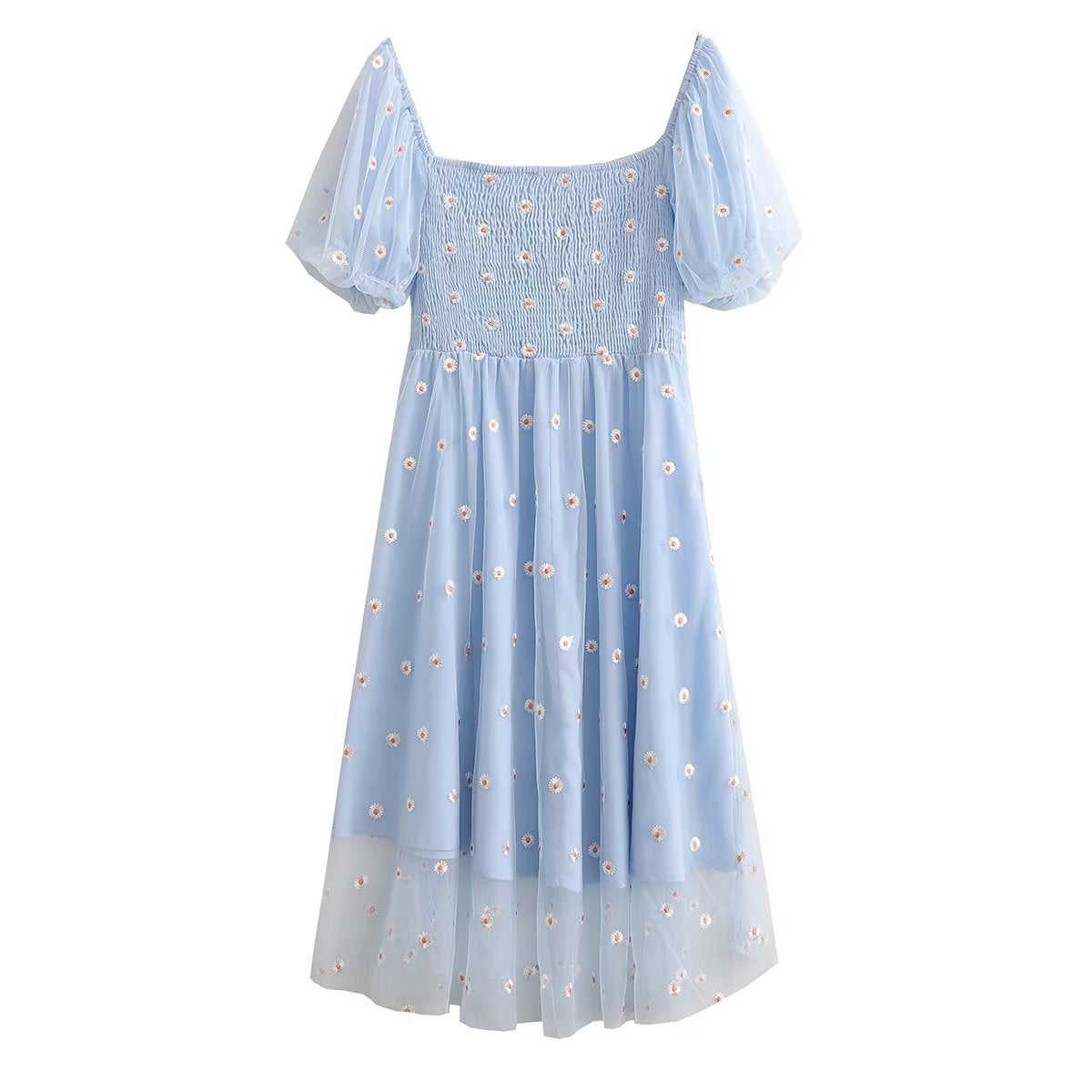 Mesh Embroidered Puff Sleeve Waist-tight Skirt Dress