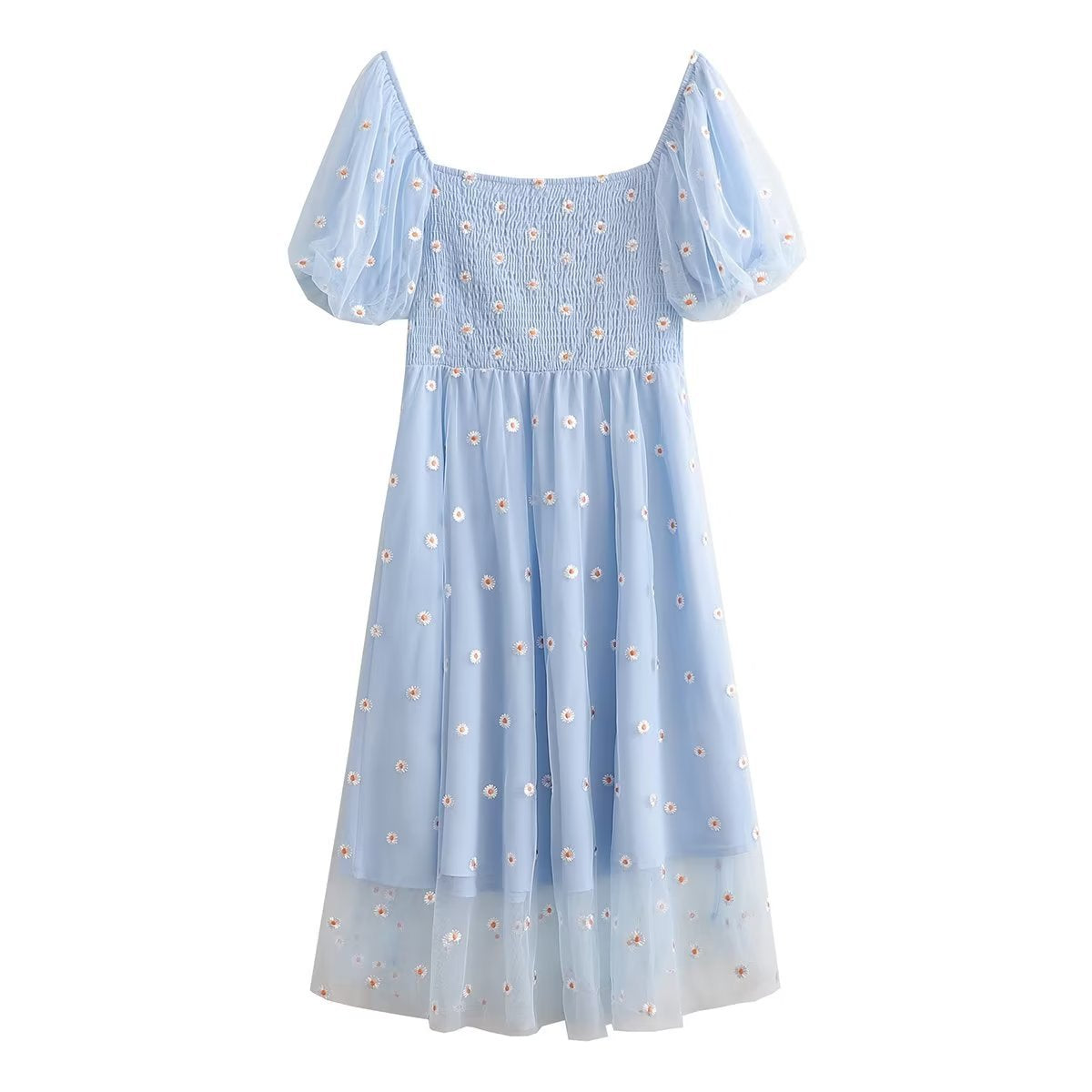 Mesh Embroidered Puff Sleeve Waist-tight Skirt Dress