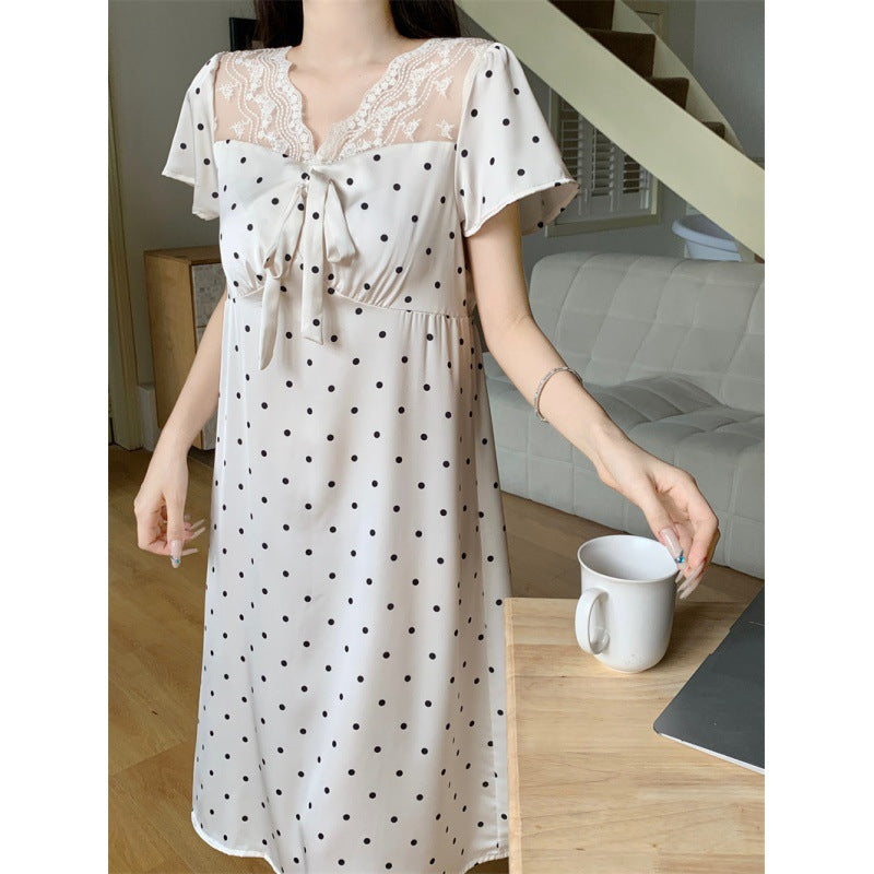 Summer Short Sleeve Ice Silk Polka Dot Lace Home Wear Nightdress