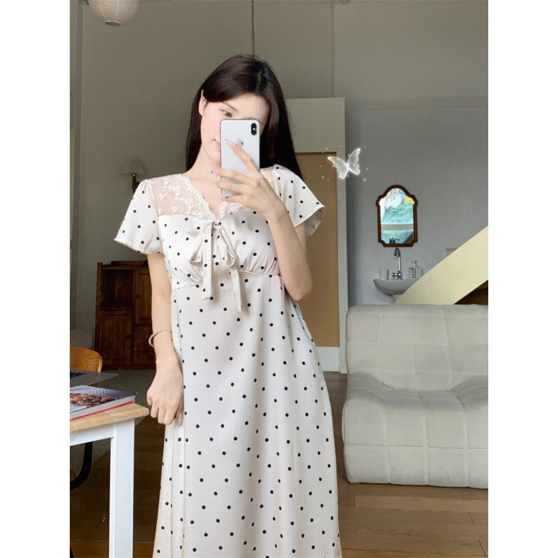 Summer Short Sleeve Ice Silk Polka Dot Lace Home Wear Nightdress