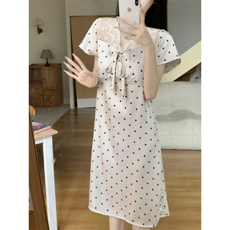 Summer Short Sleeve Ice Silk Polka Dot Lace Home Wear Nightdress