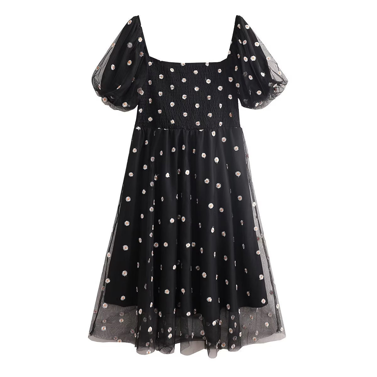 Mesh Embroidered Puff Sleeve Waist-tight Skirt Dress