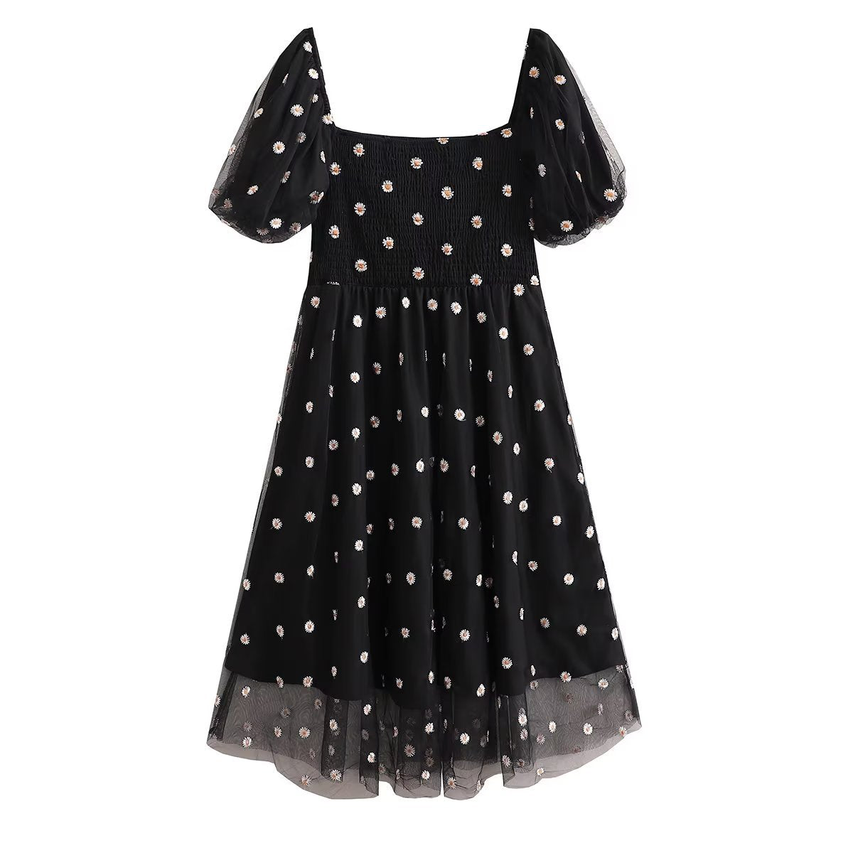 Mesh Embroidered Puff Sleeve Waist-tight Skirt Dress