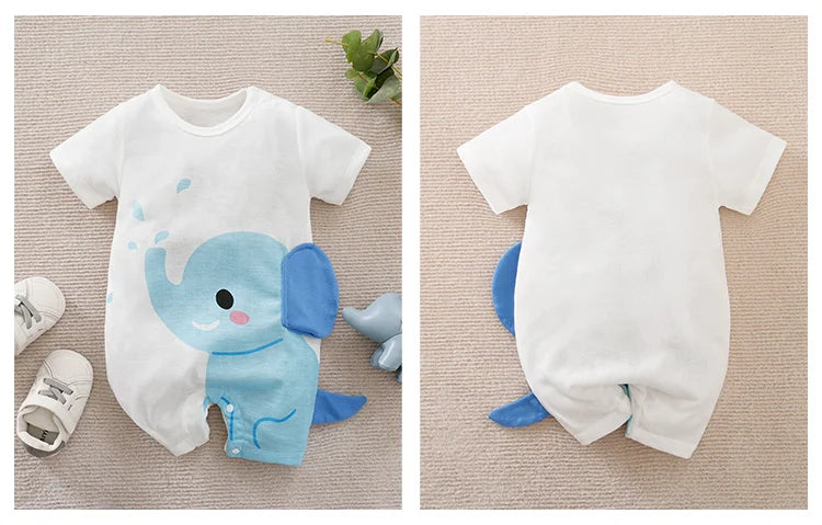 Summer Boys and Girls Cute Elephant Comfortable Casual Short Sleeve Round Neck Baby Bodysuit