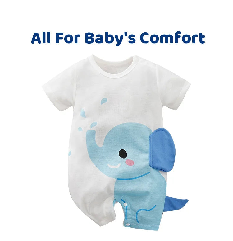 Summer Boys and Girls Cute Elephant Comfortable Casual Short Sleeve Round Neck Baby Bodysuit