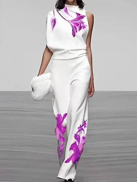 Women's New Temperament Commute Sleeveless Printed Turtleneck Fashion Suit