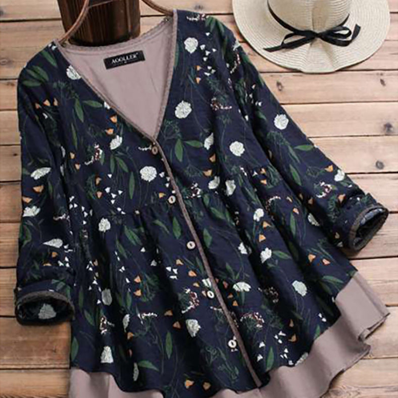 Cotton And Linen Casual And Comfortable Plus Size Women's Coat Loose False Two Pieces V-neck Floral Shirt