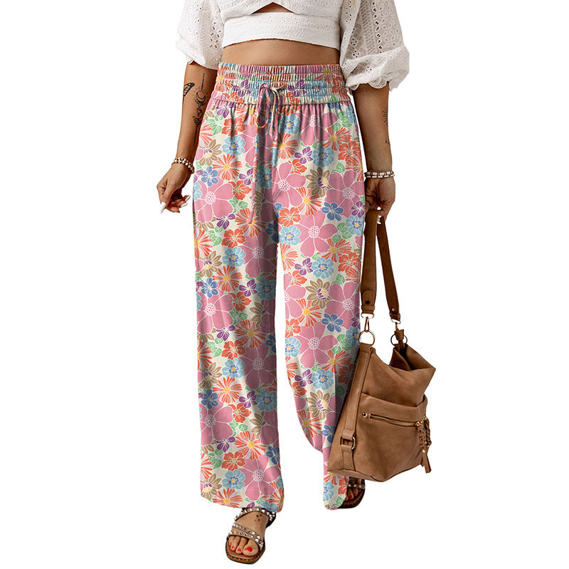 Women's Casual Loose Elastic Floral Print High Waist Wide Leg Pants