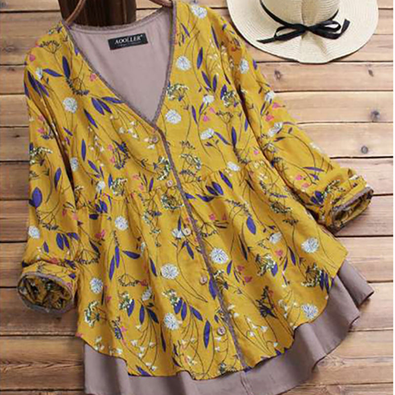 Cotton And Linen Casual And Comfortable Plus Size Women's Coat Loose False Two Pieces V-neck Floral Shirt