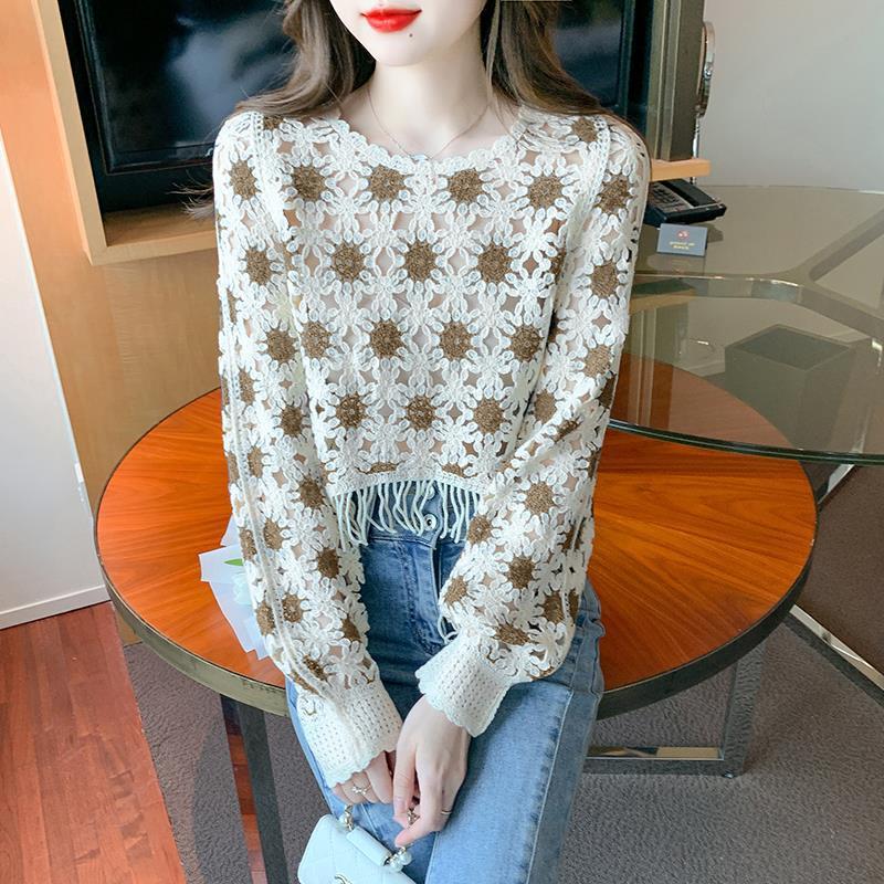 Fashion Korean Style Sweet Geometric Pattern Long Sleeve Round Neck Pullover Slimming Youthful-looking Lace Shirt