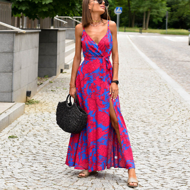 V-neck Slit Floral Print Slip Dress
