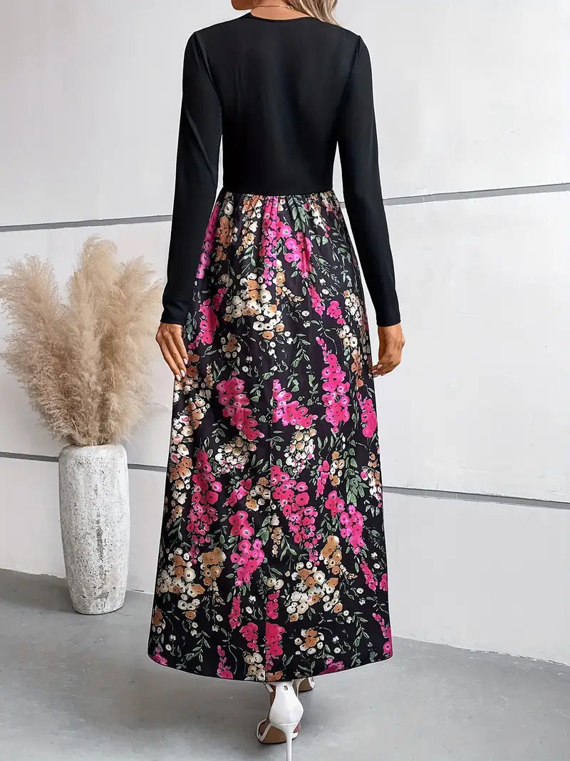 Women's Fashion Flower Multicolor Printing Long Sleeve Dress