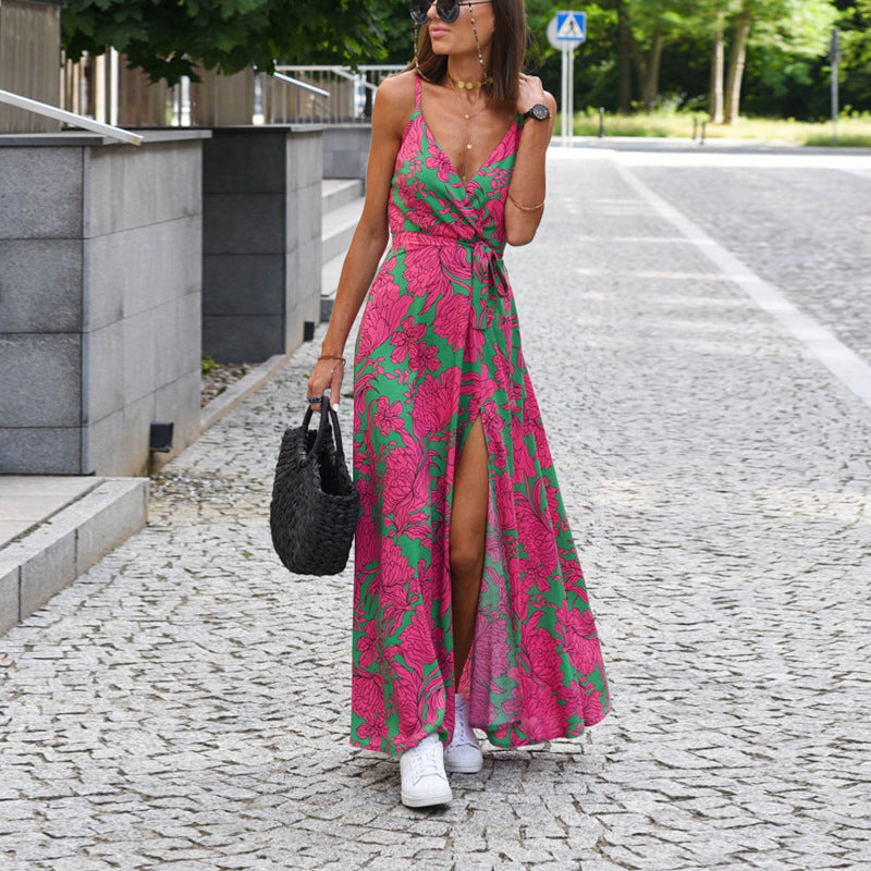 V-neck Slit Floral Print Slip Dress