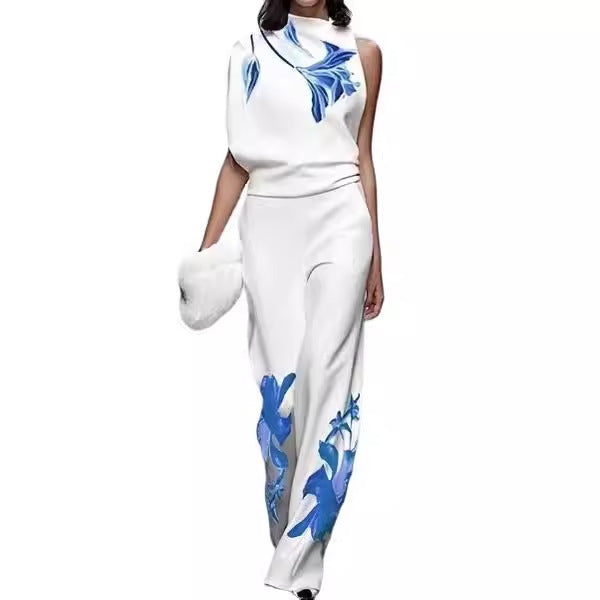 Women's New Temperament Commute Sleeveless Printed Turtleneck Fashion Suit