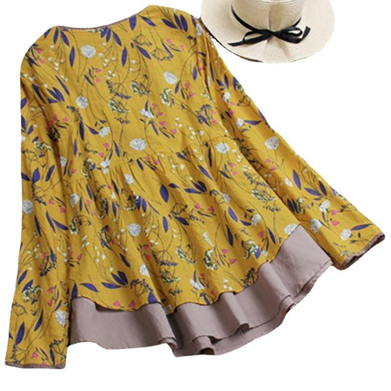 Cotton And Linen Casual And Comfortable Plus Size Women's Coat Loose False Two Pieces V-neck Floral Shirt