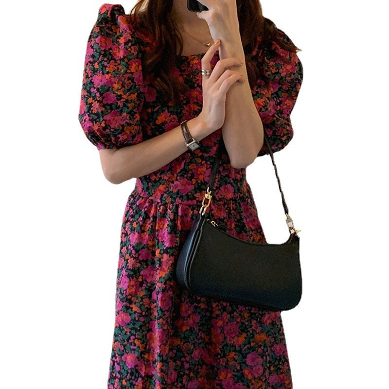Square Collar Off-shoulder Lace-up Waist Puff Sleeve Floral Dress