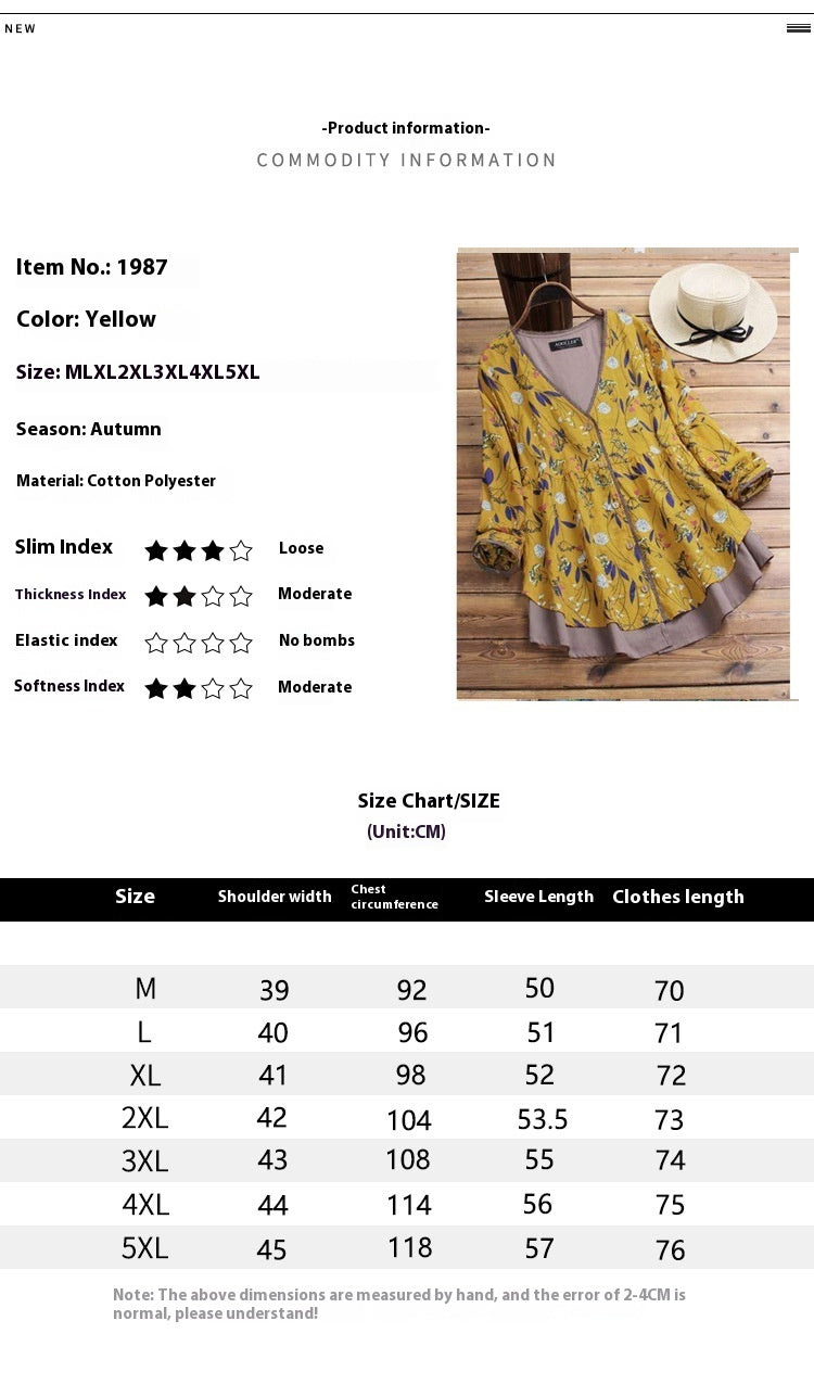 Cotton And Linen Casual And Comfortable Plus Size Women's Coat Loose False Two Pieces V-neck Floral Shirt