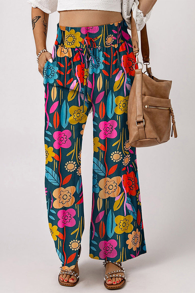 Women's Casual Loose Elastic Floral Print High Waist Wide Leg Pants