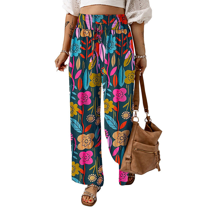 Women's Casual Loose Elastic Floral Print High Waist Wide Leg Pants